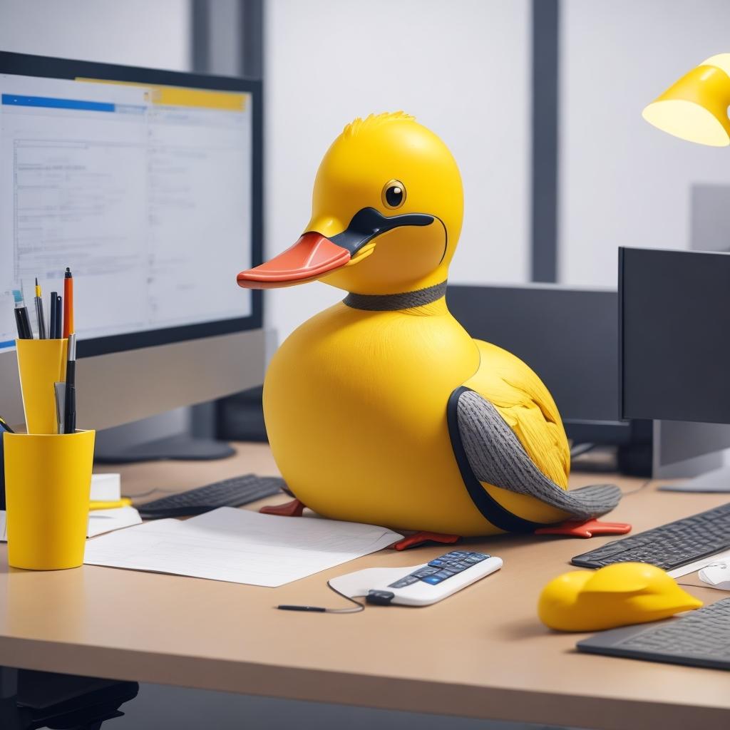 DreamShaper v5 A Yellow human duck working as a graphic design 1